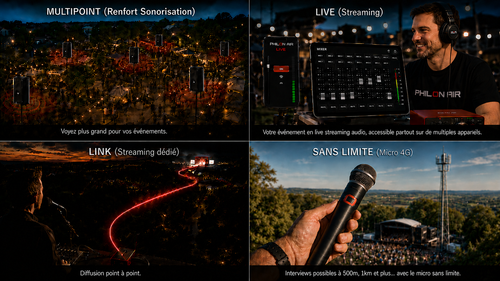 Synthèse des solutions Phil On Air : Multipoint, Live, Link et Sans Limite